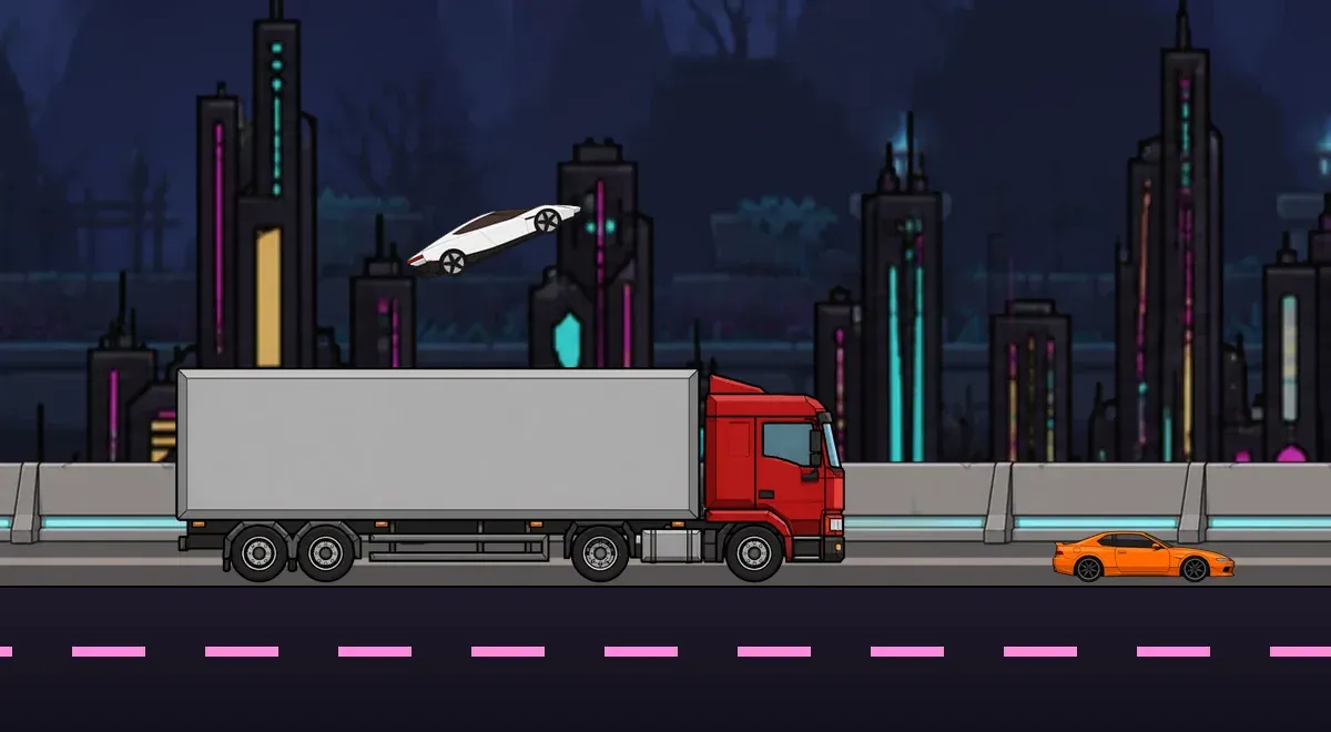 The Neon Highway world, with traffic on the road